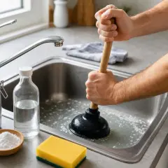 Un homme utilise une ventouse pour déboucher un évier. Du bicarbonate de soude et du vinaigre sont à proximité, suggérant une solution maison pour une canalisation bouchée.