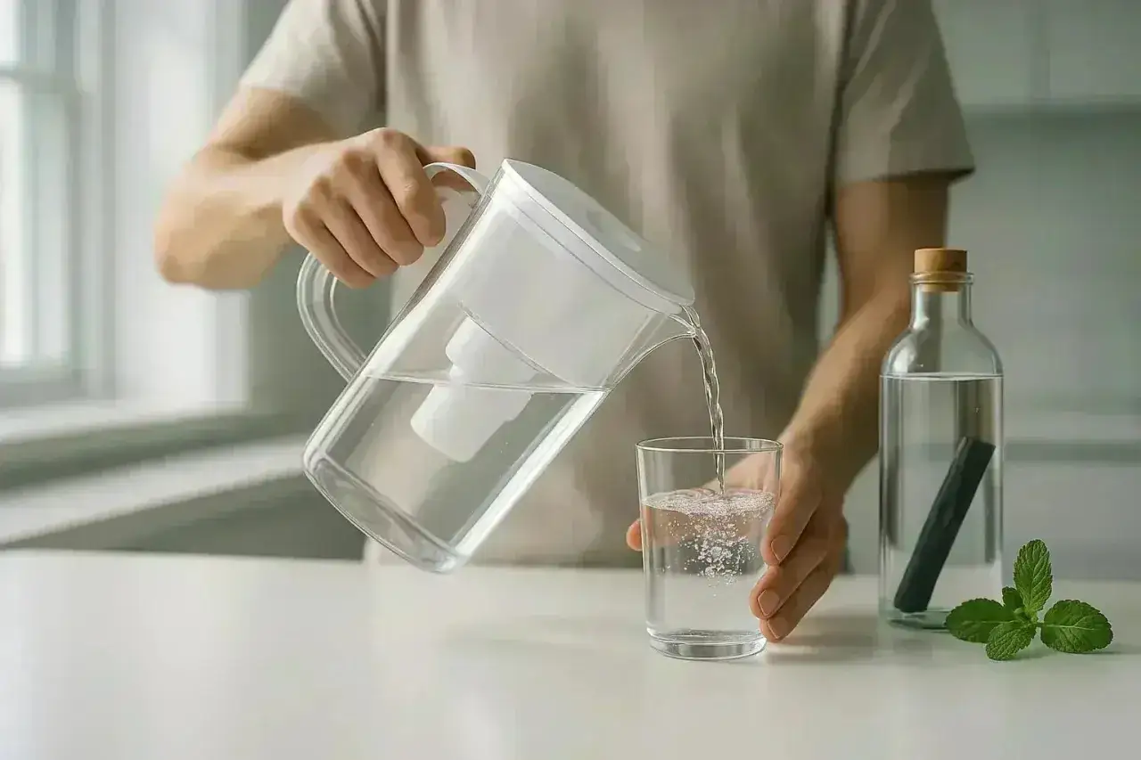 Une personne verse de l'eau filtrée d'une carafe dans un verre. Une bouteille avec un bâton de charbon et des feuilles de menthe complètent la scène, invitant à boire de l'eau.