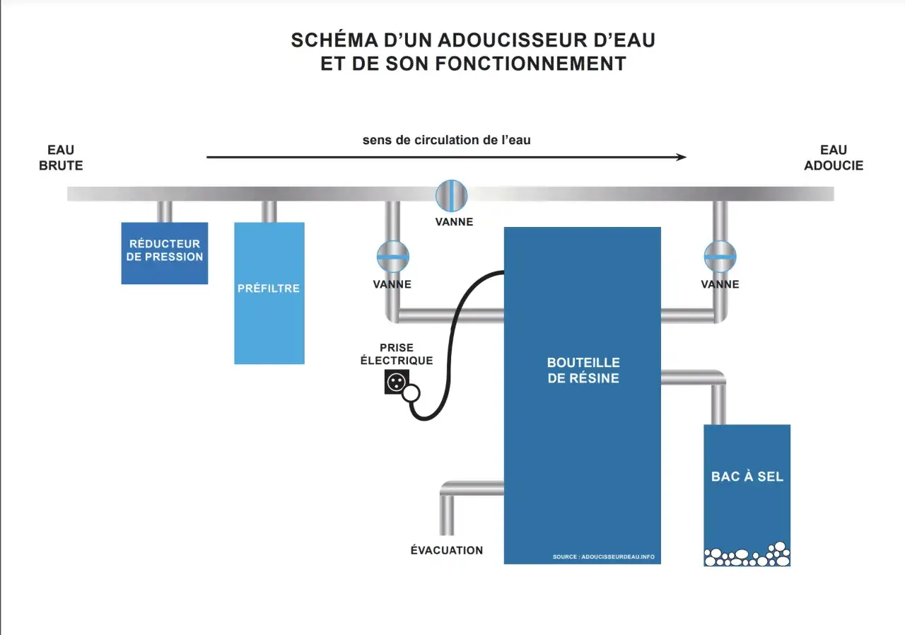 Schéma d'un adoucisseur d'eau : eau brute, préfiltre, bouteille de résine, bac à sel. Permet de boire de l'eau adoucie.